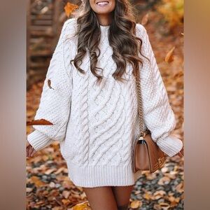 White cable knit mini sweater dress